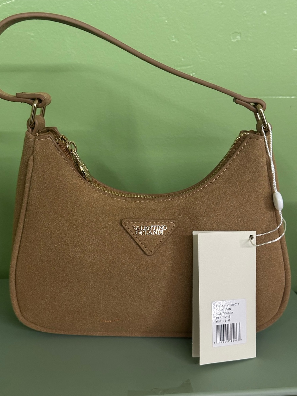 Valentino Orlandi Tan Suede Shoulder Bag with Gold Logo